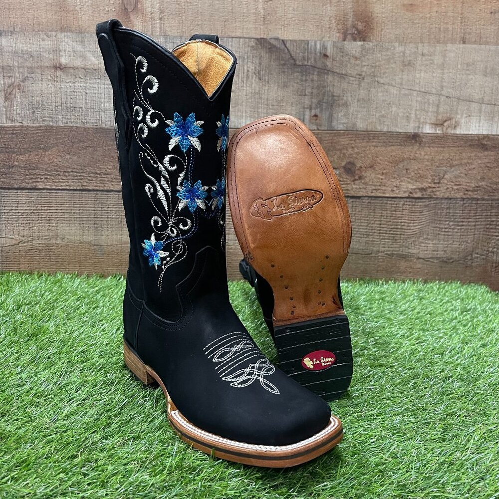 Woman's Western Cowgirl Rodeo Genuine Leather Black with Blue Flowers Boots